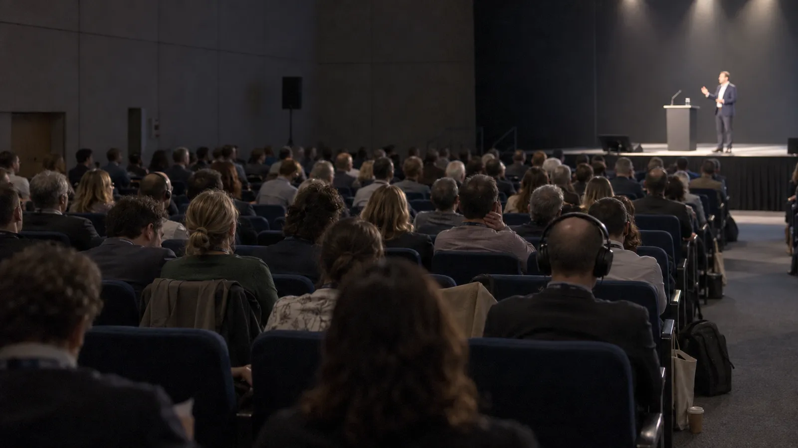 An audience in a darkened congress hall follows a talk on stage, some of them wearing headphones