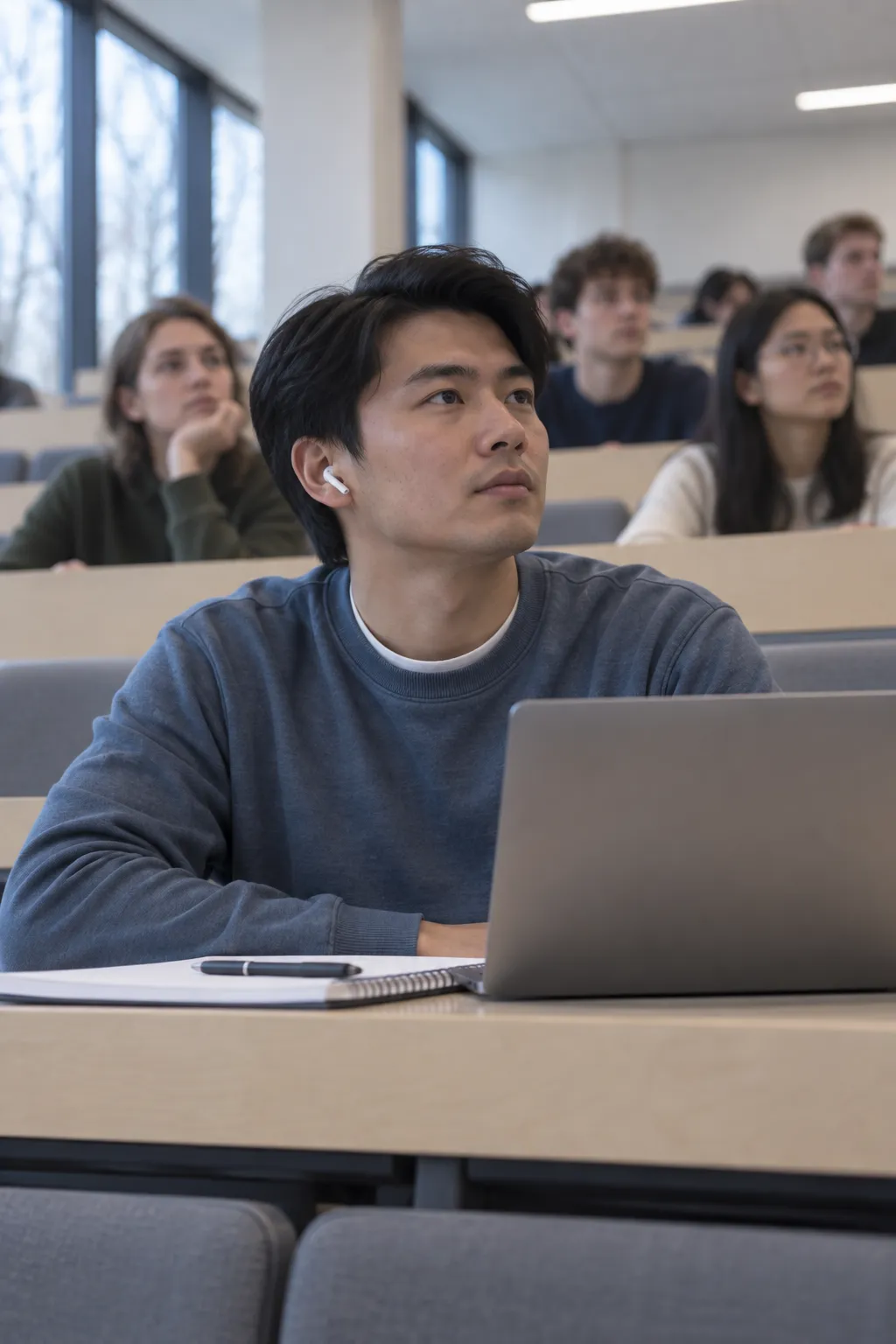 In a bright row of lecture seats, someone listens with an earbud, a laptop and notepad beside them; their gaze is directed forward.