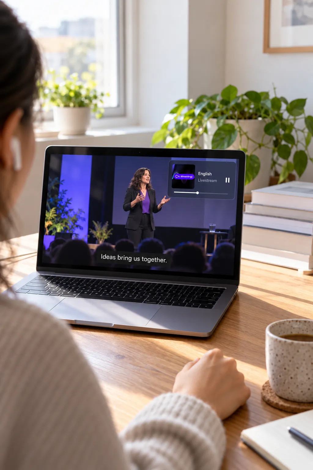 A livestream with captions runs full screen on a laptop. Streamlingo runs in a browser tab in the background; the system playback controls in the corner show it with English as the language.